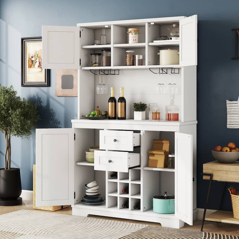 Coffee Bar Cabinet with Drawers and Shelves, Freestanding Kitchen Pantry with Cabinets, Wine Cabinet with Glass Racks - Off White