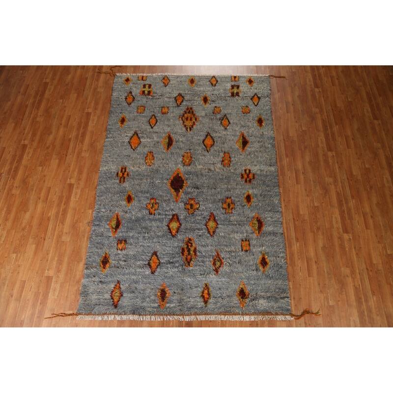 Hand Knotted Oriental 100% Wool Carpet Modern Tribal Navy Blue & Blues Moroccan Area Rug - 9' 9'' X 6' 4''