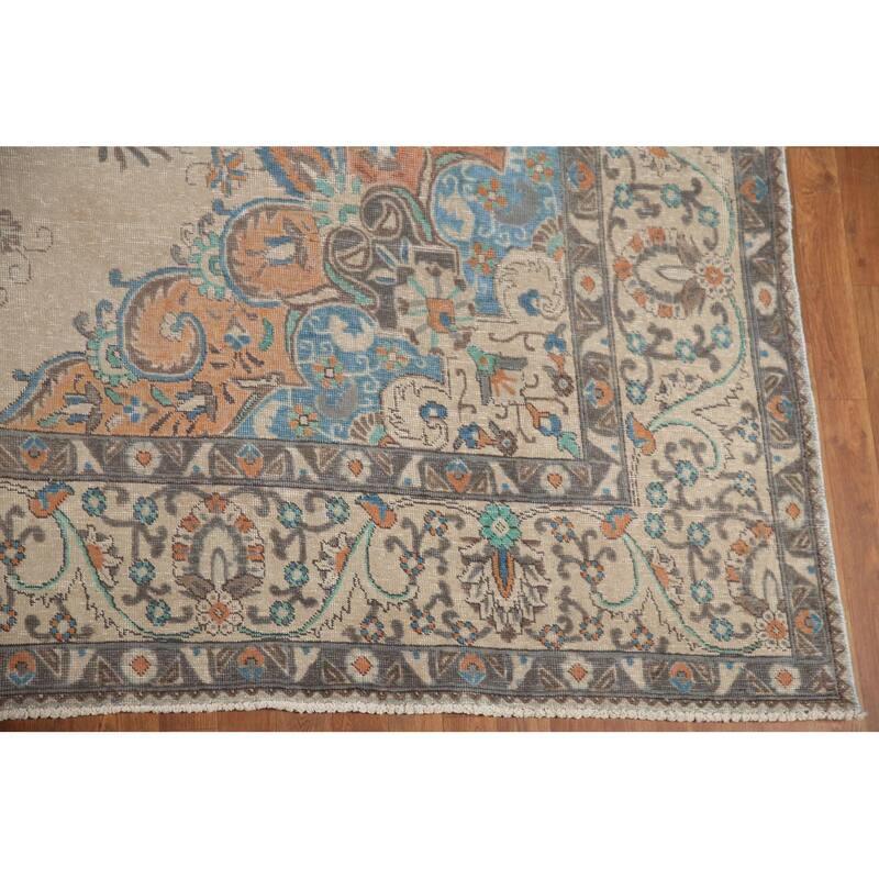 Hand Knotted Oriental 100% Wool Carpet Traditional Floral Beige & Ivories Tabriz Area Rug - 12' 11'' X 9' 6''