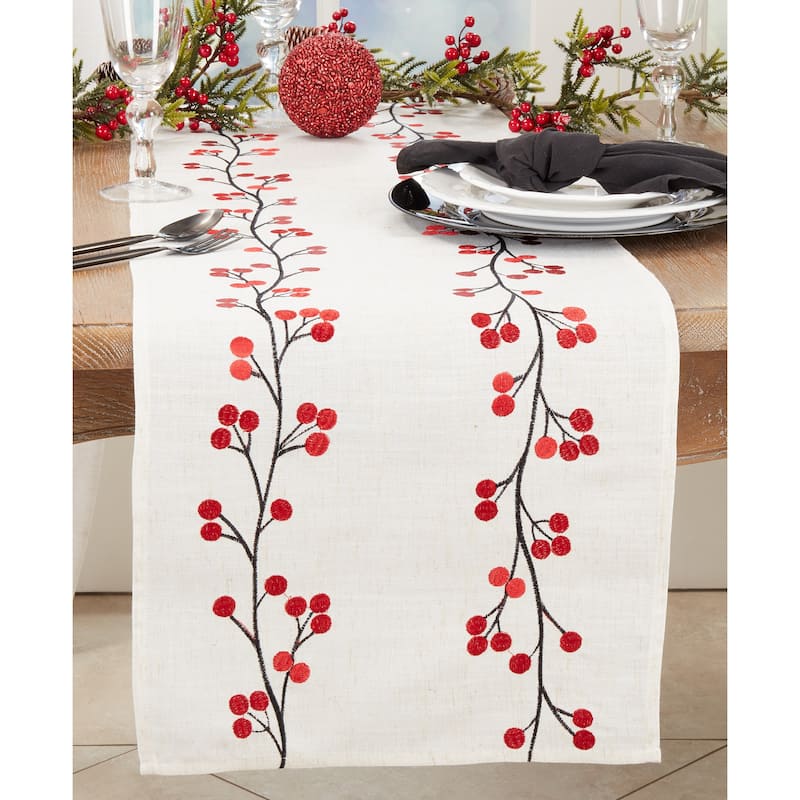Festive Embroidered Berry Table Runner - 16"x72"