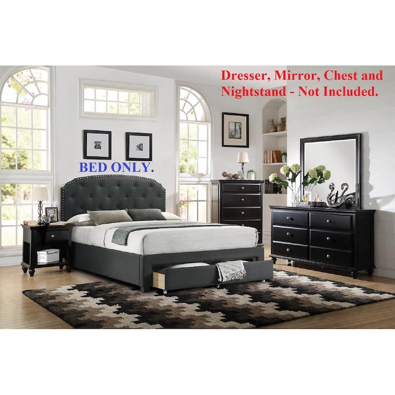 Charcoal Burlap Fabric 1pc Twin Size Bed w Drawer Button Tufted Headboard Storage Bedframe Bedroom Furniture