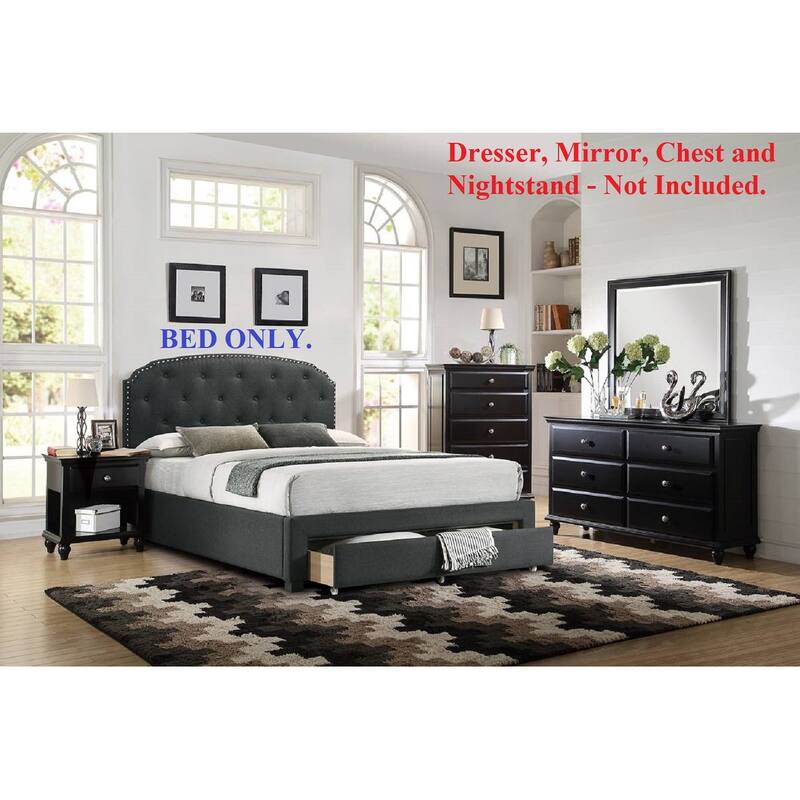Charcoal Burlap Fabric Twin Size Bed with Drawer and Button Tufted Headboard