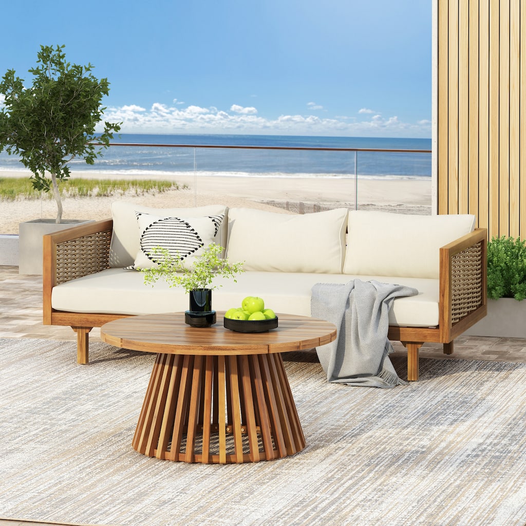 Outdoor Sofa Set with 3-Seater Sofa & Coffee Table, Teak Beige Patio Conversation Set for Poolside Backyard