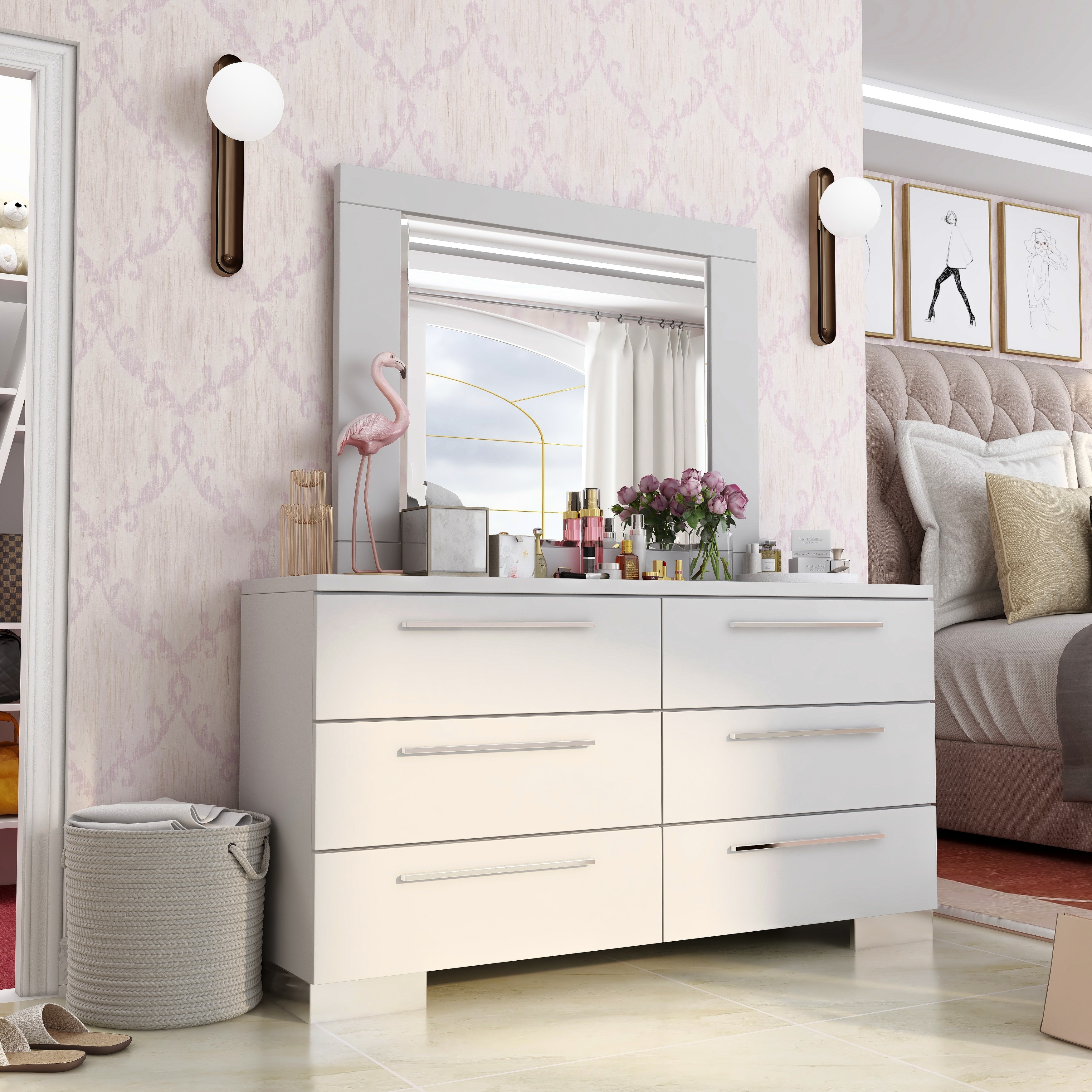 Furniture of America Rema Contemporary White Wood 6-Drawer 2-Piece Dresser and Mirror Set