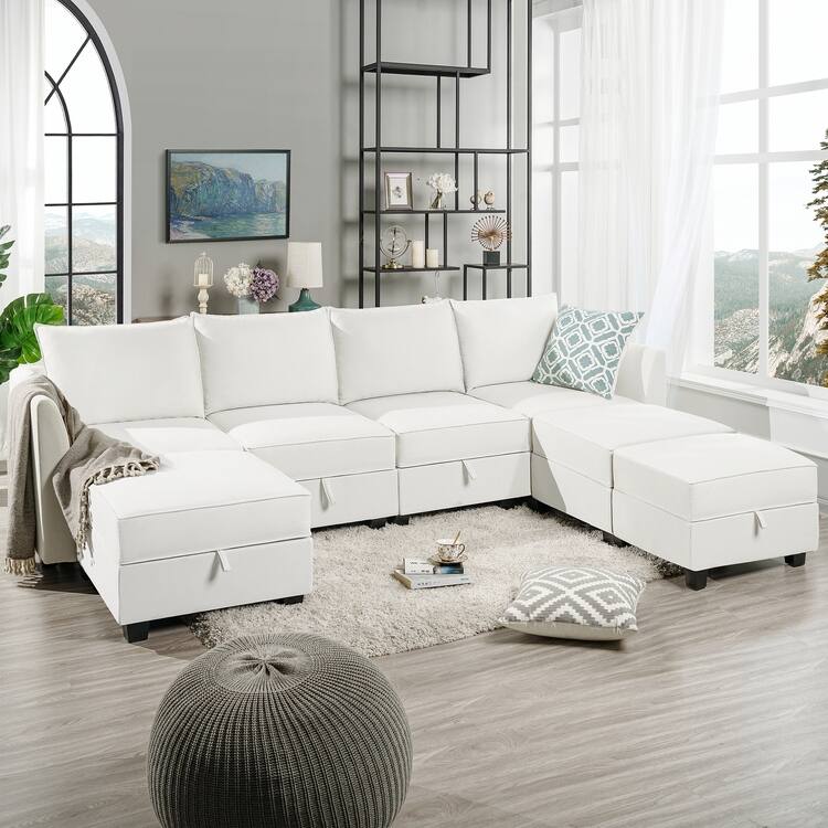 Modern Modular DIY Collection - Sturdy Wooden Frame - Versatile & Stylish Furniture for Living Room Bedroom - 4-Seater with 3 Ottoman,White Down,Linen