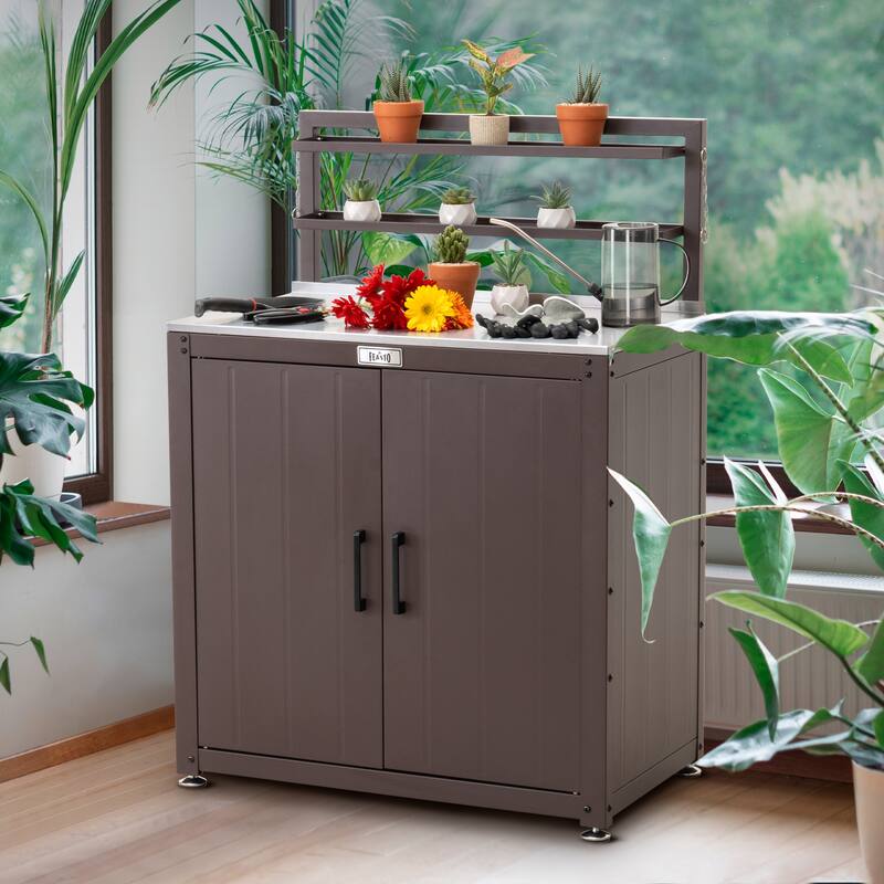Feasto Stainless Steel Garden Potting Bench with Storage Cabinet - Brown