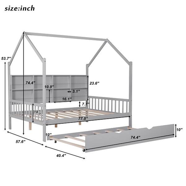 dimension image slide 5 of 6, Semi-enclosed Wooden House Bed Frame with Pull Out Trundle Bed and Side Storage Shelf for Kids, Teens - No Box Spring Needed