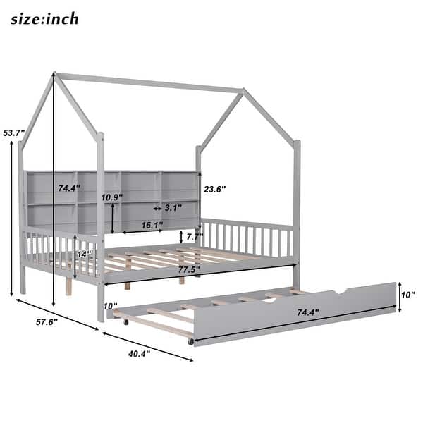 dimension image slide 1 of 2, Wooden Full Size House Bed with Trundle and Shelf for Kids