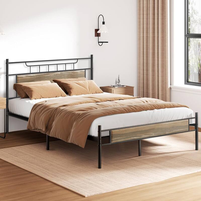 VECELO Industrial Bed Frame with Wood Headboard,Twin/Full/Queen Size Bed, Black/Brown/Slate-3 colors