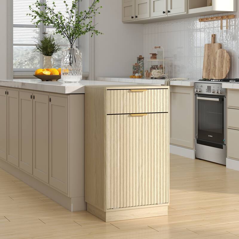 10-Gallon Woodgrain Tilt-Out Trash Can Cabinet Wooden Garbage Recycling Cabinet with Wave-Textured Hideaway Drawer&Pull-Out Bin