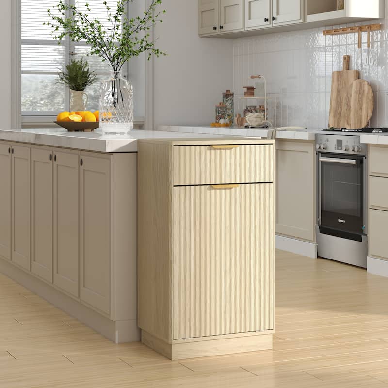 Wood Tilt-Out Accent Cabinet, Trash Can Cabinet with Wave-Textured Drawer, Stripe Storage Cabinet with Pull-Out Bin