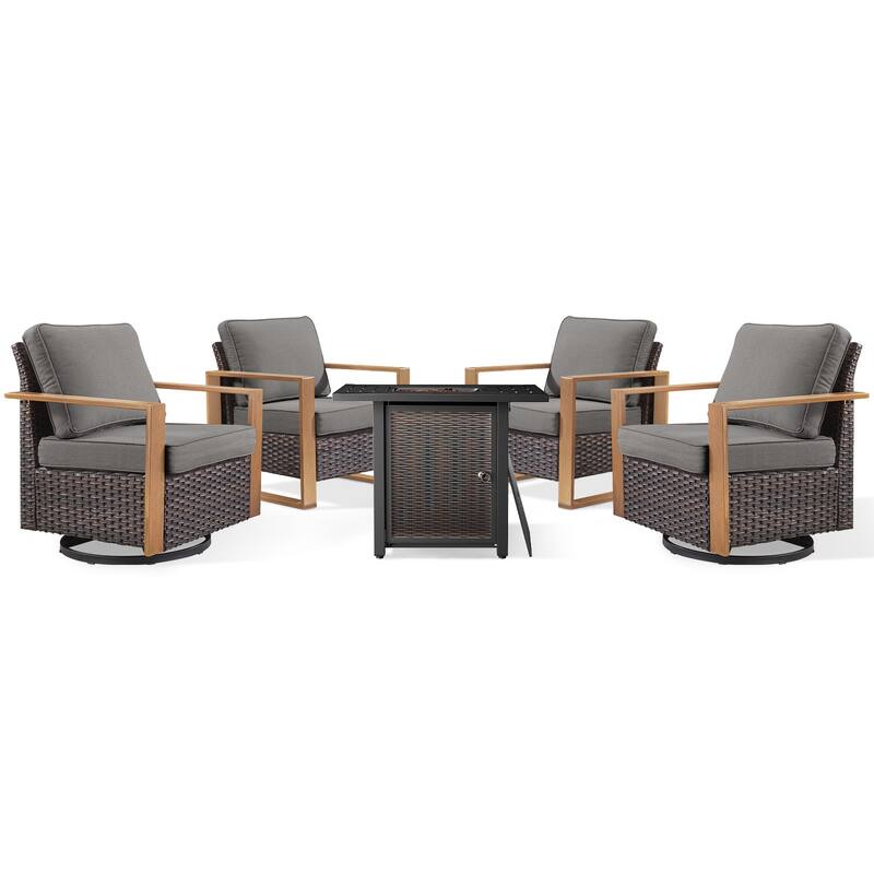 Meyreso 5-Piece Wicker Patio Conversation Set with Metal Fire Pit & Plush 4.5" Olefin Cushions