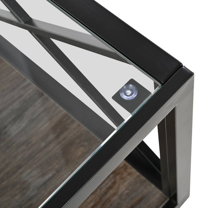 Modern Coffee Table Industrial Style Coffee Table with Tempered Glass Layer and X-Shaped Frame for Living Room