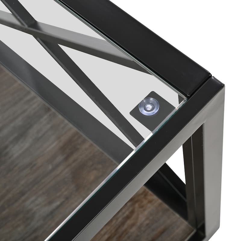 Modern coffee table, Tempered Glass&Natural Wood MDF Top,Industrial Style coffee table