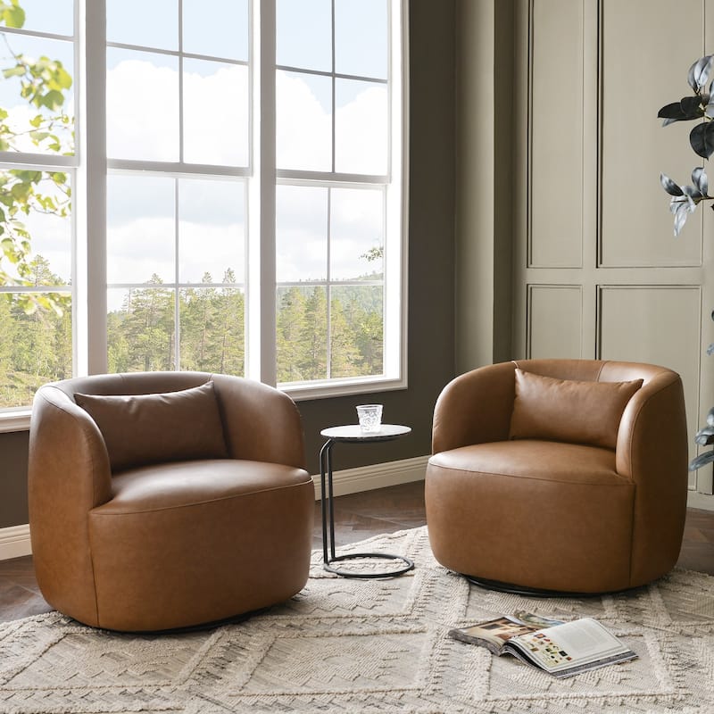 KINWELL 34" Wide Swivel Faux Leather Barrel Armchair Upholstered PU Leather Accent Chairs for Living Room Office Lounge
