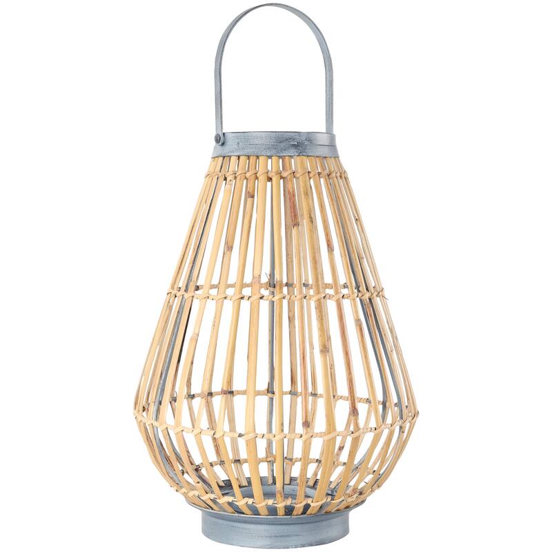 Brown Bamboo Wood Handmade Open Framed Indoor Outdoor Candle Lantern with Blue Metal Accents and Handle