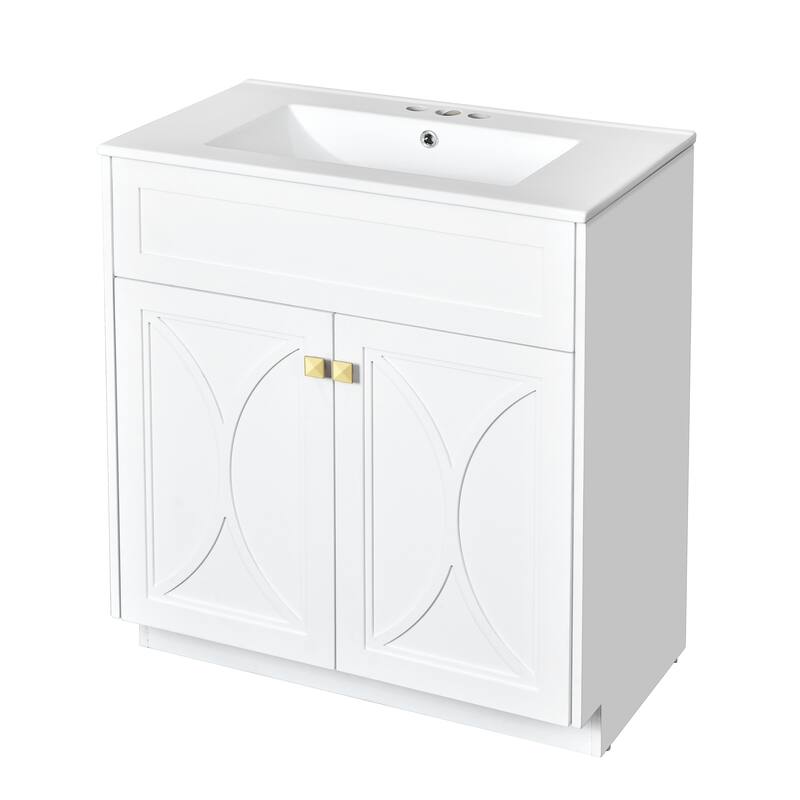 60"Bathroom Vanity with Ceramic Sink Combo, Modern Freestanding Storage Cabinet with Gold Handles, Soft Closing Doors
