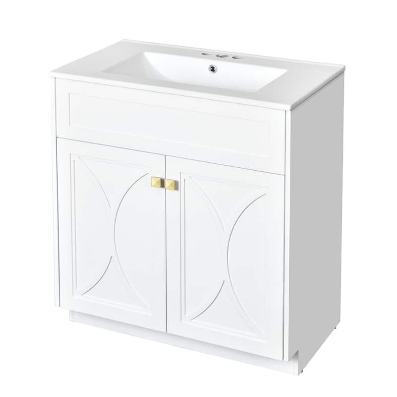 Modern Bathroom Vanity Floor Cabinet with Pull-out Rack, Soft Closing Textured Doors and Exquisite Gold Square Metal Handles