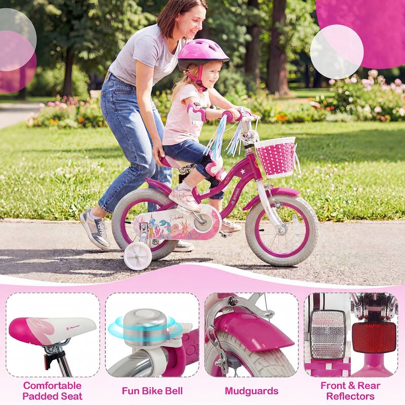 Gymax 12'' Kids Bike w/Training Wheels Hand Coaster Brakes Adjustable - Rose Red