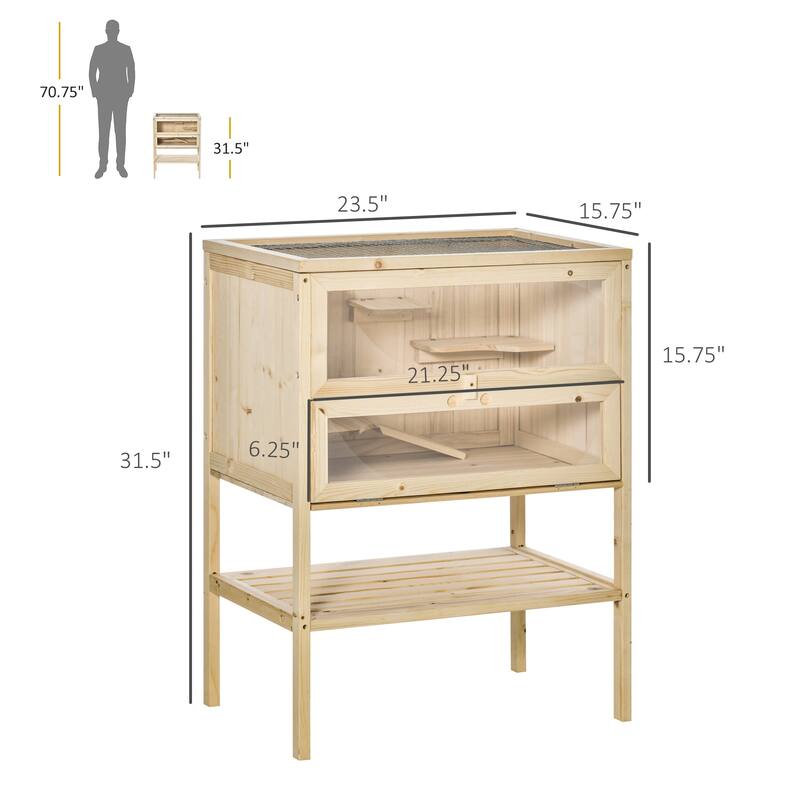 Wooden Hamster Cage with Plexiglass Window, Hinged Doors and Shelf - 23.5"L×15.75"W×31.5"H