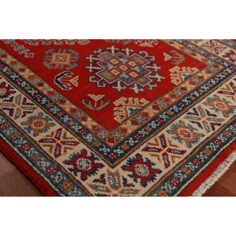 Red Geometric Kazak Foyer Rug Hand-Knotted Wool Carpet - 2'7"x 4'0"