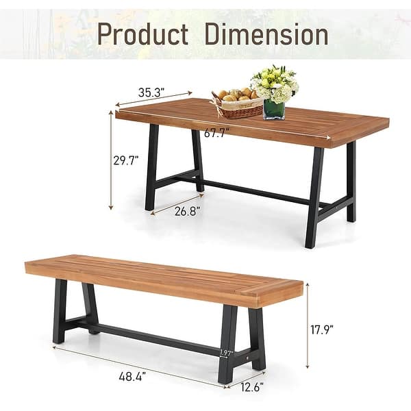 dimension image slide 0 of 2, MAISON ARTS 3-Piece Patio Dining Table Set Acacia Wood with 1 Rectangular Table and 2 Benches