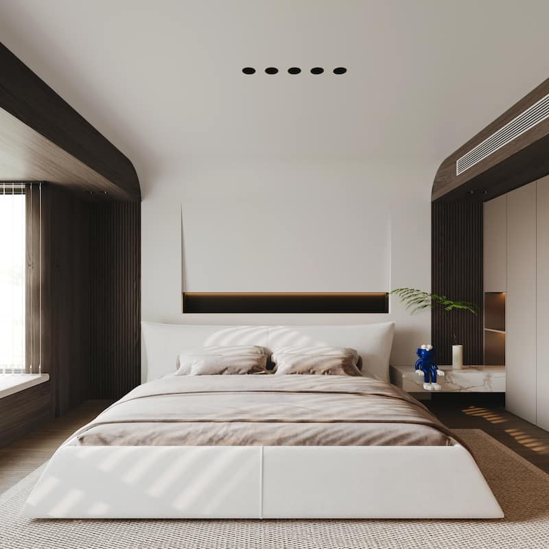 Upholstered King Bed Frame with Special Shaped Velvet Headboard, Modern Low Profile Platform Bed Frame, No Box Spring Needed - Cream - King