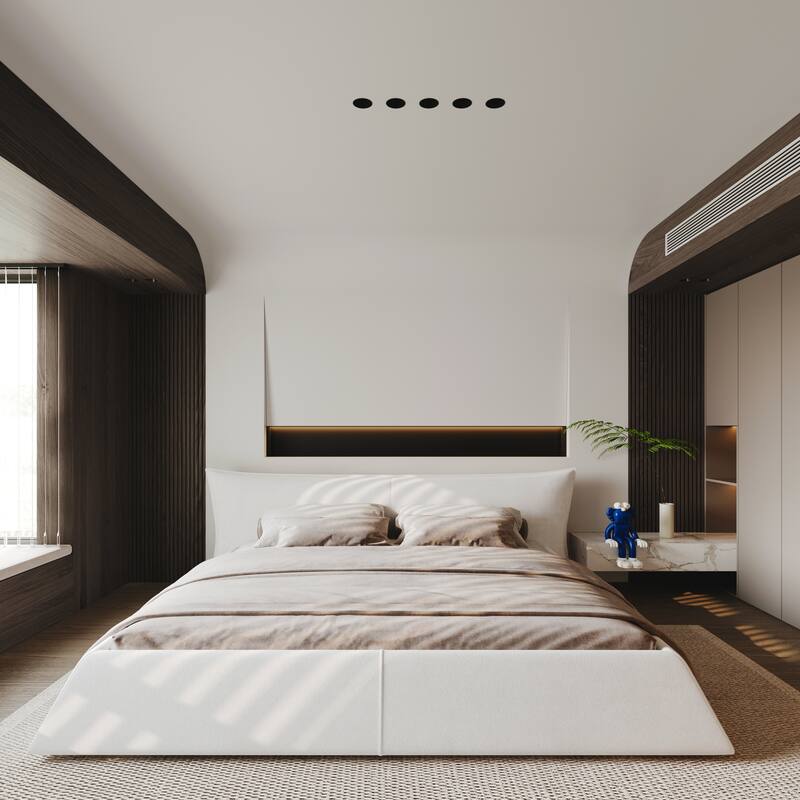 Upholstered Platform Bed with Velvet Headboard, Solid Wood King Frame