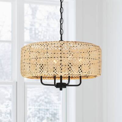 4-Light Bohemian Bamboo Drum Chandelier - W19.7" x H75" - Black/Wheat - 19.7 in. W - 19.7 in. W