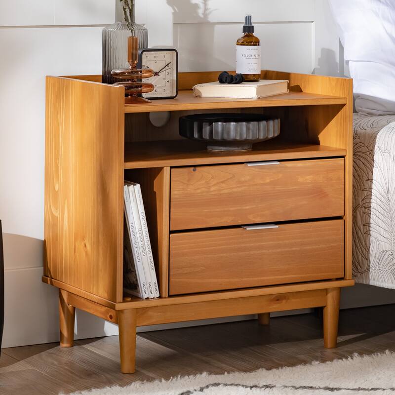 Mid-Century Modern Solid Pine Nightstand with Tray Top and Drawers