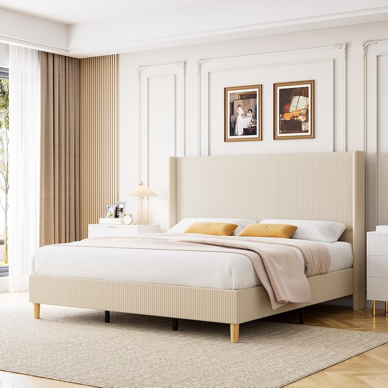 IDEALHOUSE Corduroy, Platform Bed with 51"Tall Vertical Headboard