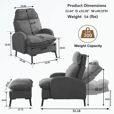 Overstuffed Accent Chair with Ottoman, Adjustable Backrest with Metal Legs