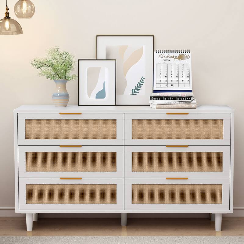 White Rattan Dresser with 6 Drawers Modern Particle Board Storage Chest for Bedroom Living Room Hallway Organization