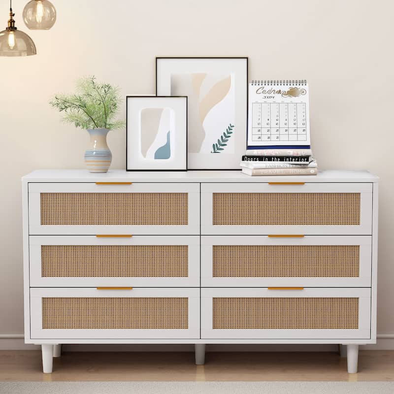 6-Drawers Rattan Storage Cabinet Rattan Drawer - White-51.18" L
