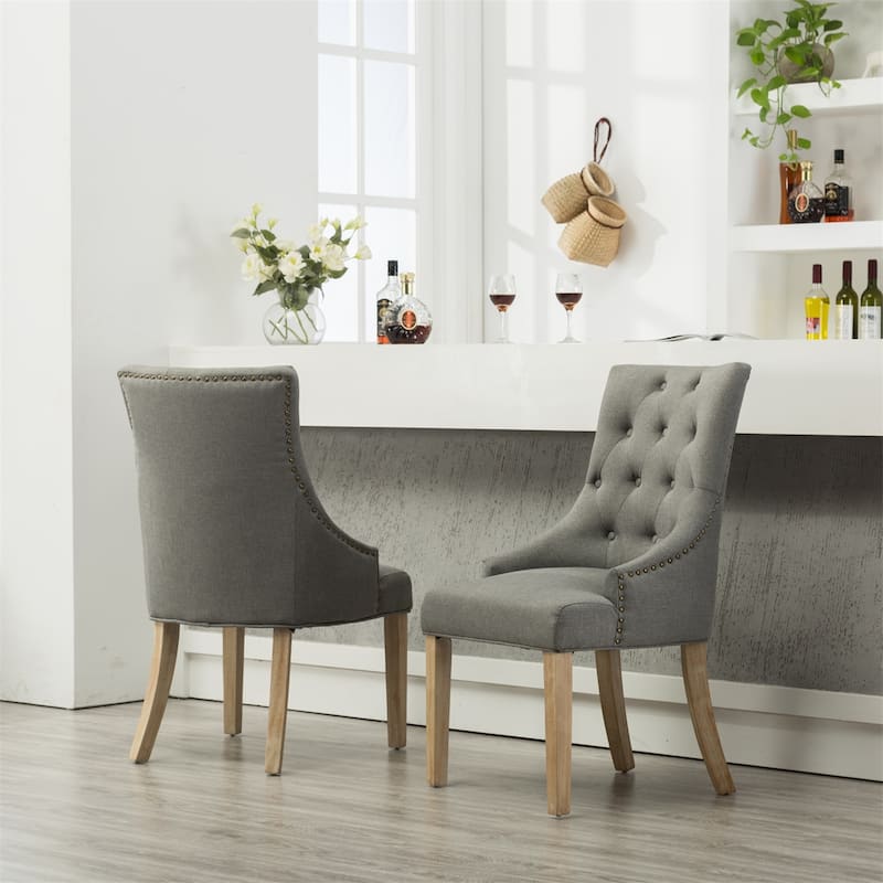 Button Tufted Solid Wood Wingback Chairs with Nail Heads, Set of 2
