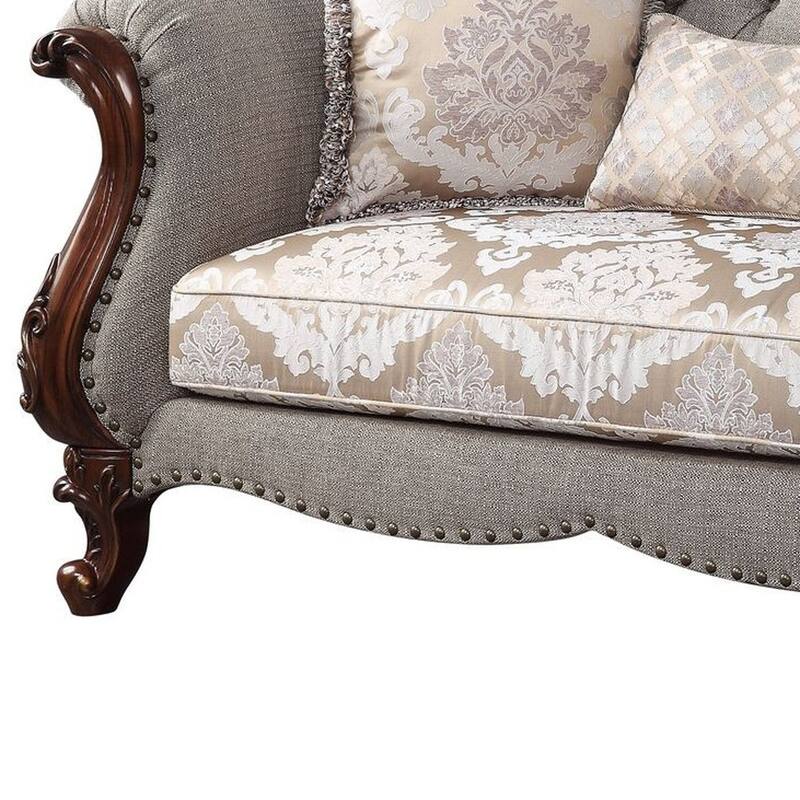 HomeRoots 72" Beige And Dark Brown Linen Loveseat and Toss Pillows