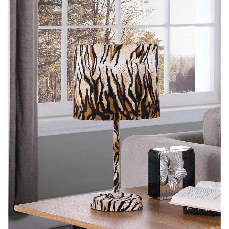 Stylish 19-Inch Brown and Black Table Lamp with Fabric Drum Shade - 10" x 10" x 19.25"