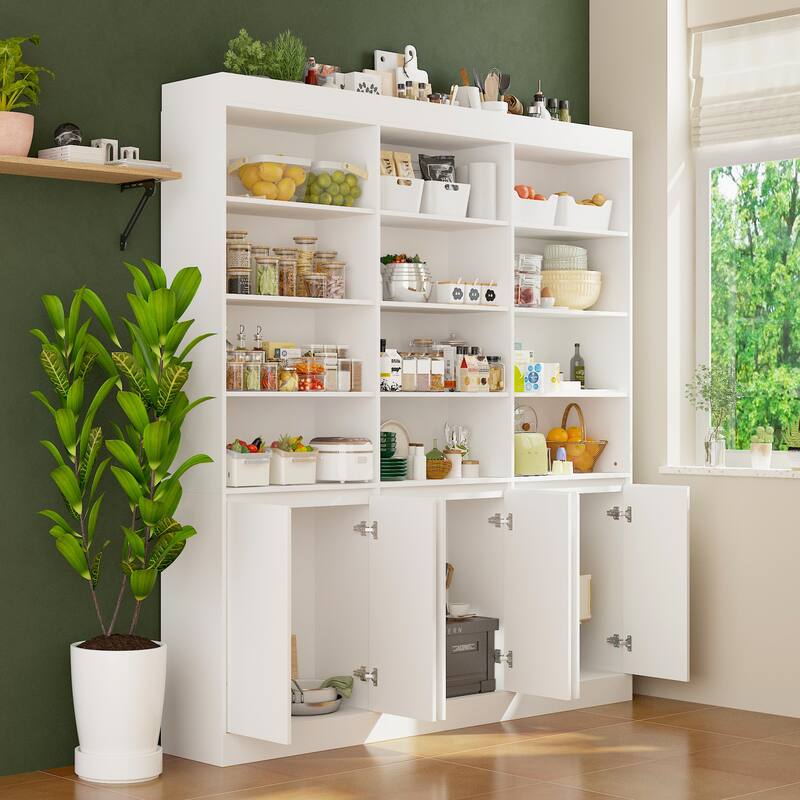 Pantry Large White Storage Cabinet 5-Door Bottom Cabinets & Open Display Shelving for Kitchen or Living Room