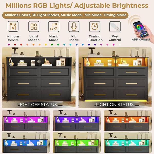 Dresser for Bedroom Storage Cabinet with Charging Station LED Light