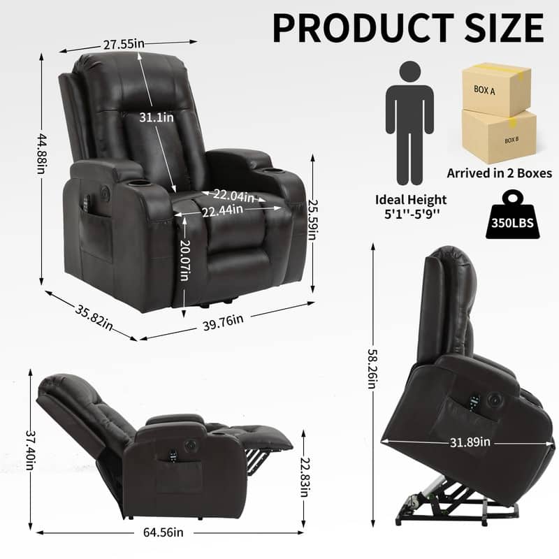 Heavy Duty Power Lift Recliner Chair with Massage, Heat, and USB Charging - Supports Up to 350 lbs