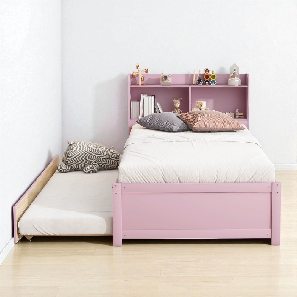 Twin/Full Bed Frame with Pull-Out Trundle and Bookcase Headboard, No Box Spring Needed