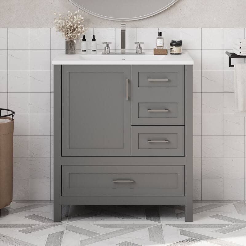 30" Black Bathroom Vanity with Sink - Solid Wood & MDF, Soft-Close Drawers, Modern Freestanding Storage Cabinet