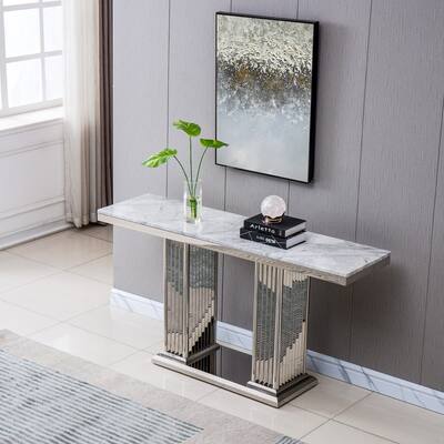 Modern Rectangular Marble Console Table, 0.71" Thick Marble Top, Double Pedestal Pillar Stainless Steel Base