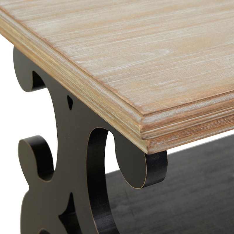 White Wood Scroll Side Frames 2 Shelf Console Table with Brown Wood Top - White or Black
