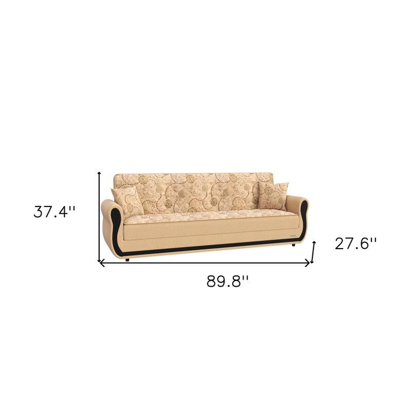 HomeRoots 90" Beige Chenille Convertible Futon Sleeper Sofa And Toss Pillows With Storage