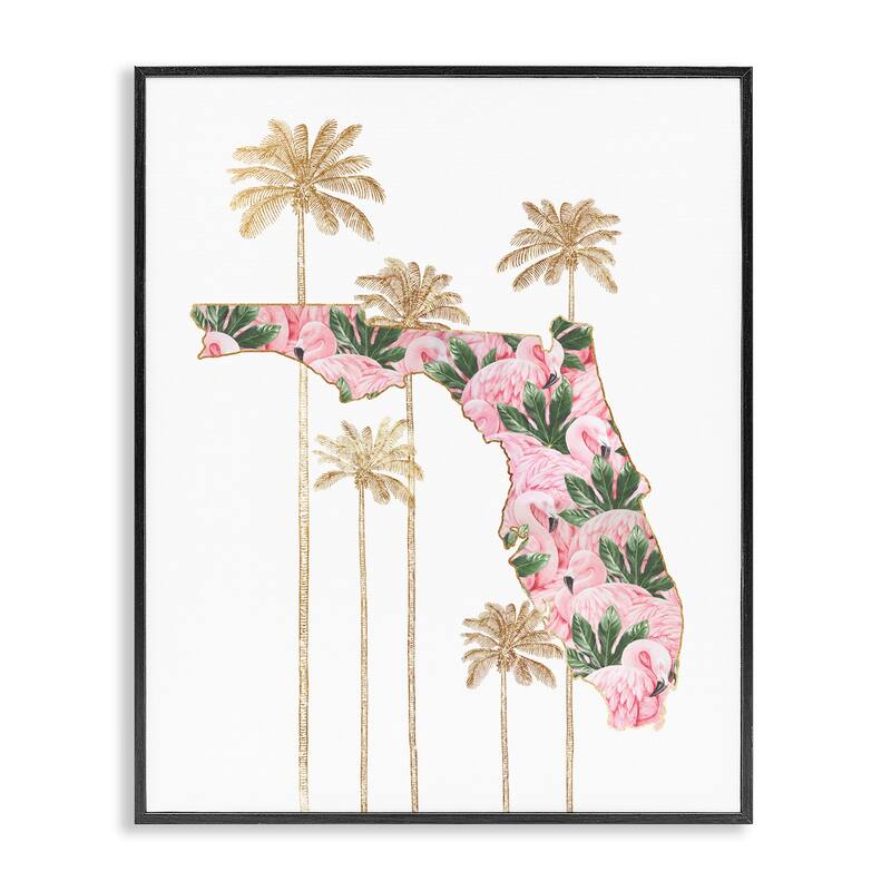 Stupell Flamingo Print Florida State with Palm Trees Framed Wall Art - 24 x 30 - Black
