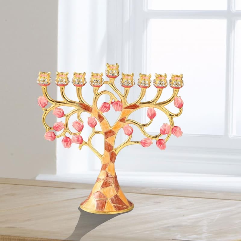 Matashi Hand-Painted Spinning Dreidel Holiday Ornament & Enamel Menorah Candelabra w Pomegranate Design w Crystals Hanukkah Gift