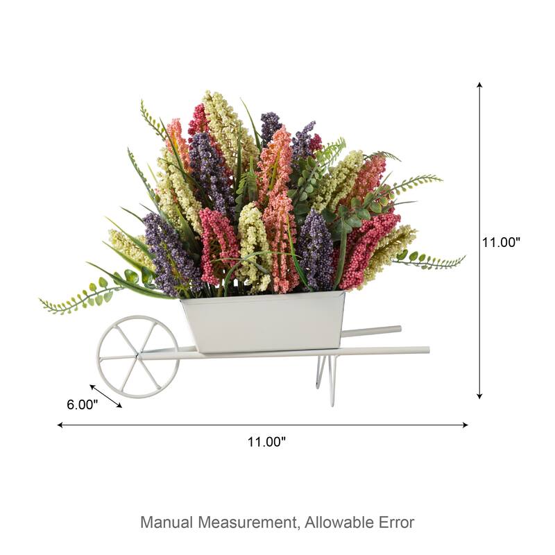 Glitzhome 11"H Pink, Purple & Yellow Mixed Heather Cart Centerpiece