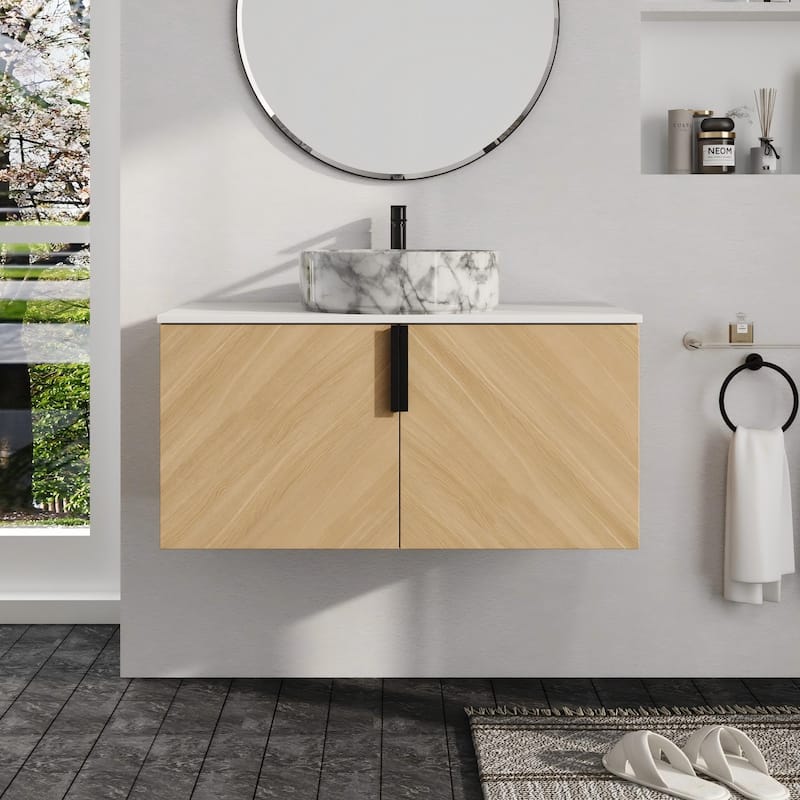 Malwee 30"/36" Floating Bathroom Vanity, Wall Mounted Bathroom Vanity with Ceramic Sink and Soft Close Door - Beige-White with Grey Patterns Sink - 35.5"×18.9"×21.8"
