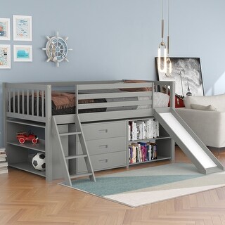 Gray Twin Pine Low Loft Bed with Bookcases, Drawers, Convertible Ladder, Slide